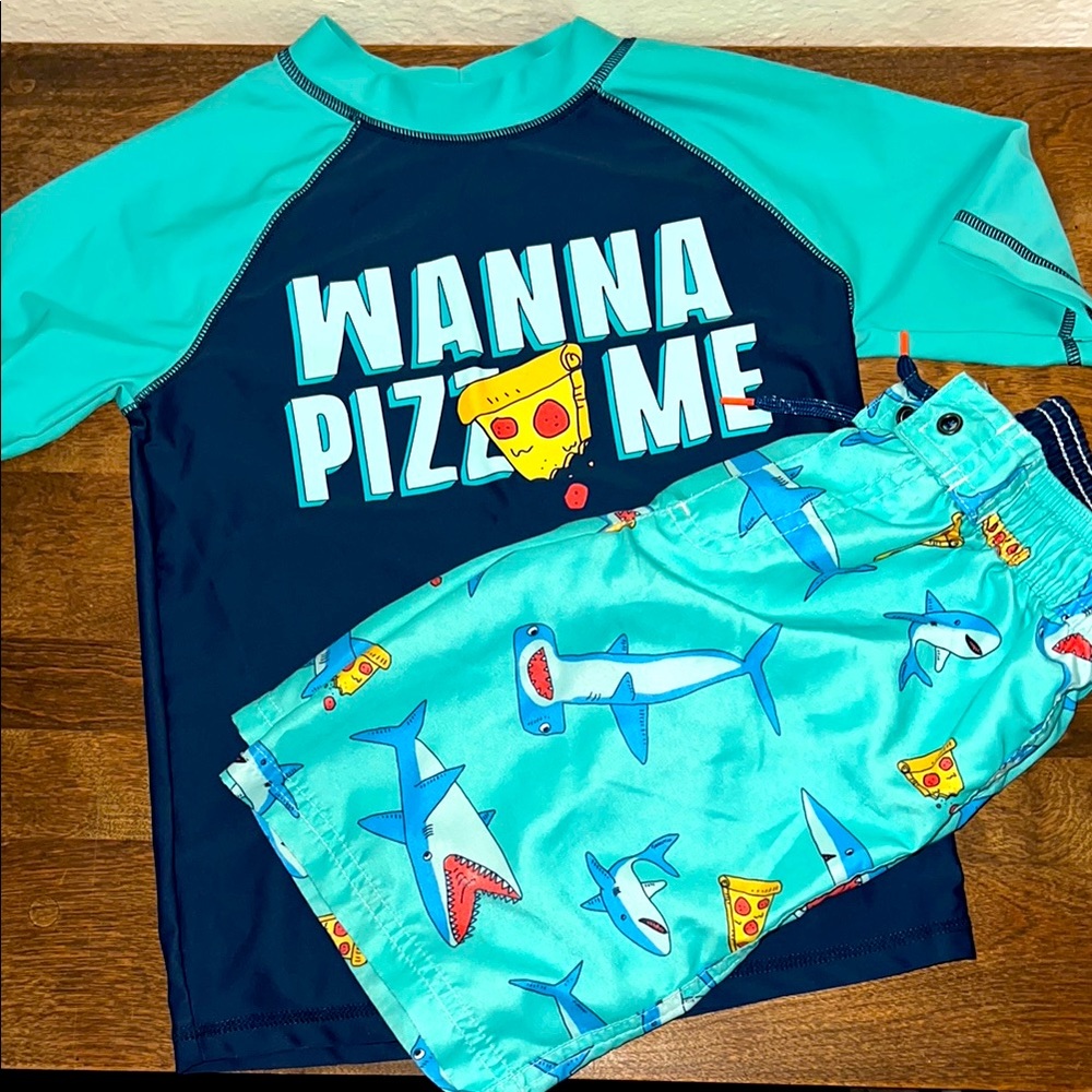 Carter's 6 swimsuit truncks Rashguard Set pizza sharks